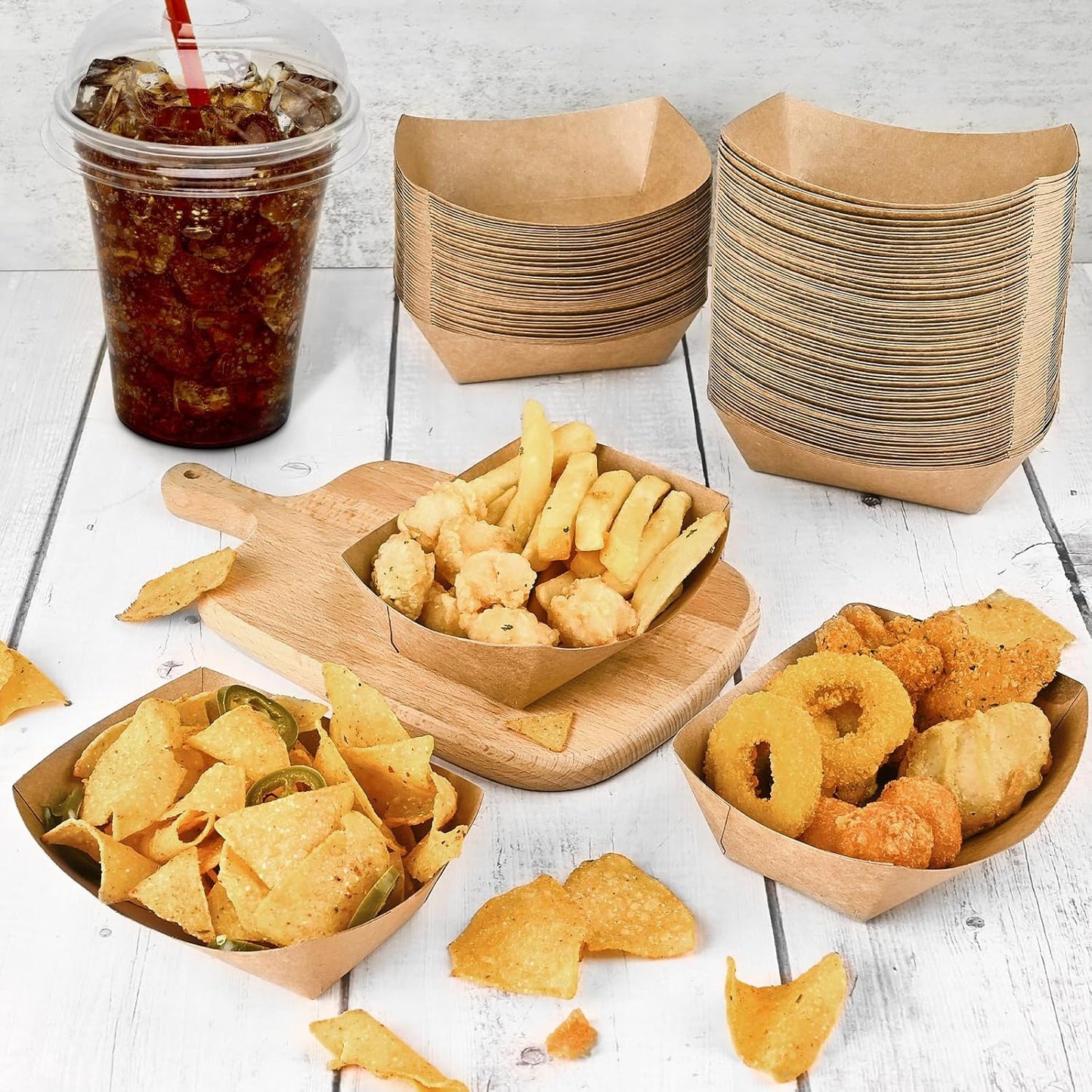 Ocmoiy 1lb Paper Food Trays, 100 Pack Heavy Duty Kraft Food Boats Holders Disposable Serving Basket Trays for Nachos, Fries, BBQ, Festivals, Party