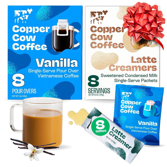 Copper Cow Coffee Pour Over Vietnamese Coffee Pouches + Sweetened Condensed Milk Creamers (8 Coffees & 8 Milk Creamers) | Vanilla Lattes, No Refrigeration Needed, Travel Friendly Ground Coffee