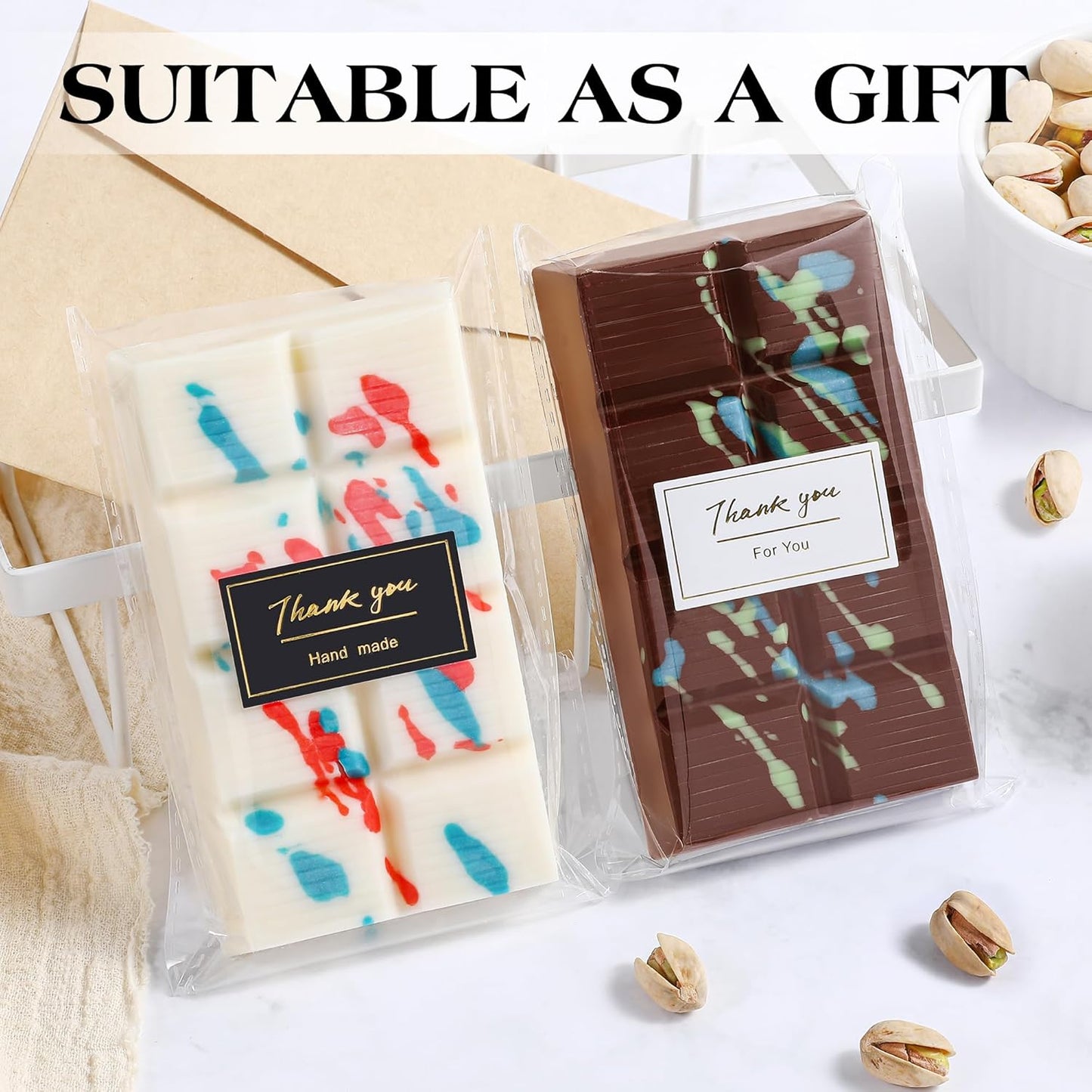 1 Pc Chocolate Bar Mold Deep Dubai 0.85 Inch Stuffed Large Chocolate Molds Silicone Break Apart Thick Silicone Molds for Candy Bar, With 100 Pcs Wrappers and 1 Pc Scrapers Set (8 Snap）