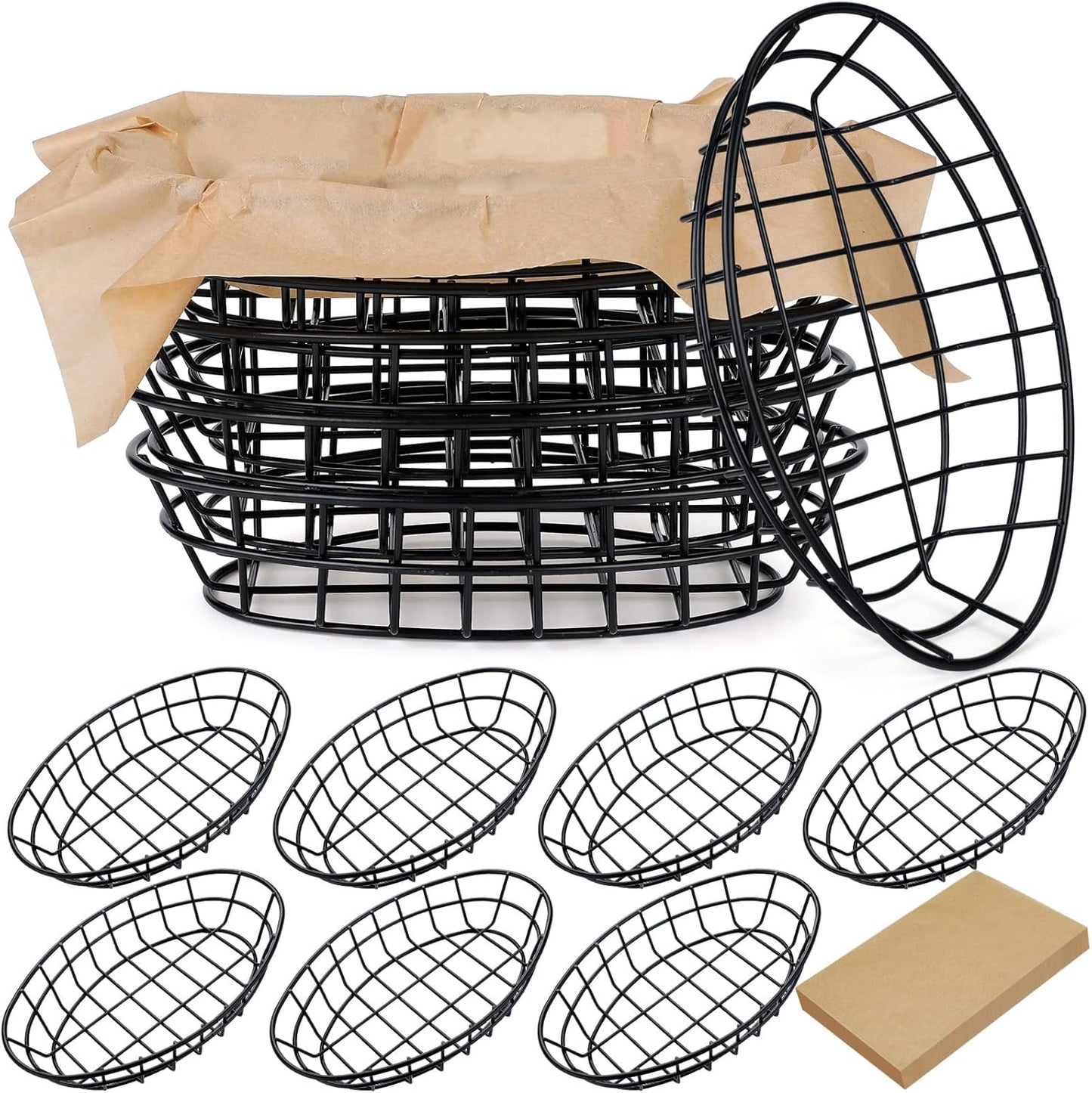 Hushee 12 Pcs Wire Bread Basket Black 11.8 x 7.9 x 2.2 Large Oval Metal Dinner Roll Baskets Bulk for Serving Fruit Bowl Storage with 50 Sheet Deli Wrapper Paper for Restaurant Kitchen Table Fast Food