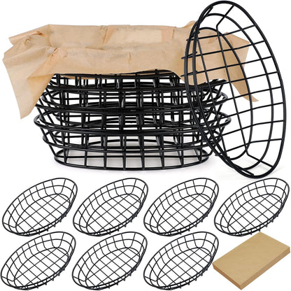 Hushee 12 Pcs Wire Bread Basket Black 11.8 x 7.9 x 2.2 Large Oval Metal Dinner Roll Baskets Bulk for Serving Fruit Bowl Storage with 50 Sheet Deli Wrapper Paper for Restaurant Kitchen Table Fast Food