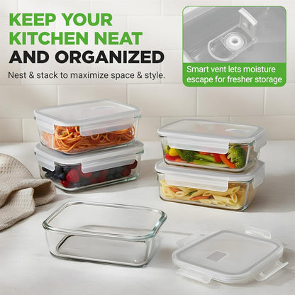 NutriChef 10 Piece Glass Food Storage Containers with Lids – 30 oz Meal Prep Containers Reusable – Airtight Glass Lunch Containers for Food Storage – Freezer to Oven Safe - Gray