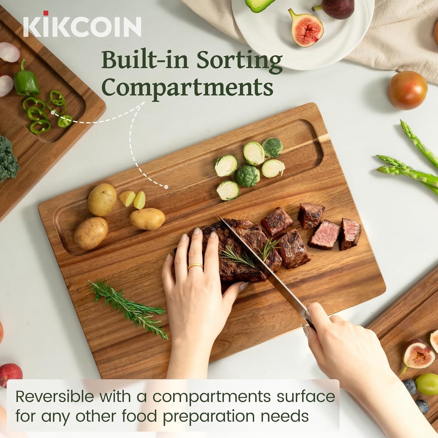 Kikcoin Wood Cutting Boards for Kitchen, 3 PCS Wooden Cutting Board Set with Holder, Chopping Board with Built-In Compartments and Juice Groove, Solid Charcuterie Board Serving Tray Wood Butcher Block