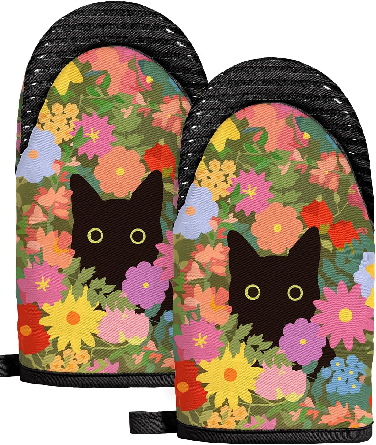 Slohif Cat Mini Oven Mitts Set – Black Extended Short Animal Heat Resistant Kitchen Gloves for Women, 100% Cotton Oven Mitts with Silicone Grips, Non-Slip and Thick Durable for Cooking & Baking