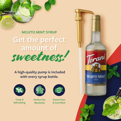 Torani Mojito Mint Syrup for Drinks, Flavoring for Lemonade, Sodas, and Mocktails, Glass Bottle with Pump Included, 25.4 Fl Oz