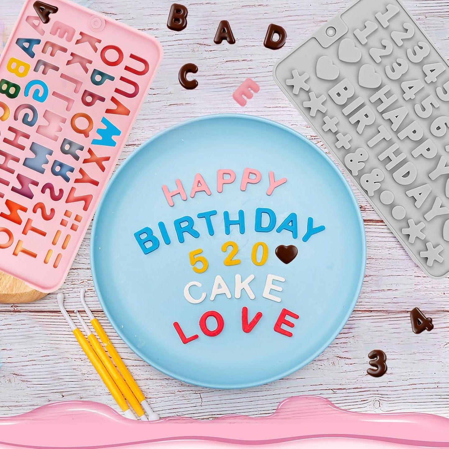 2PCS Silicone Letter Molds and Number Chocolate Molds,Reusable Alphabet Chocolate Candy Molds for Baking Candy Gummy Birthday Wedding & Holiday Party Desserts(pink and blue)