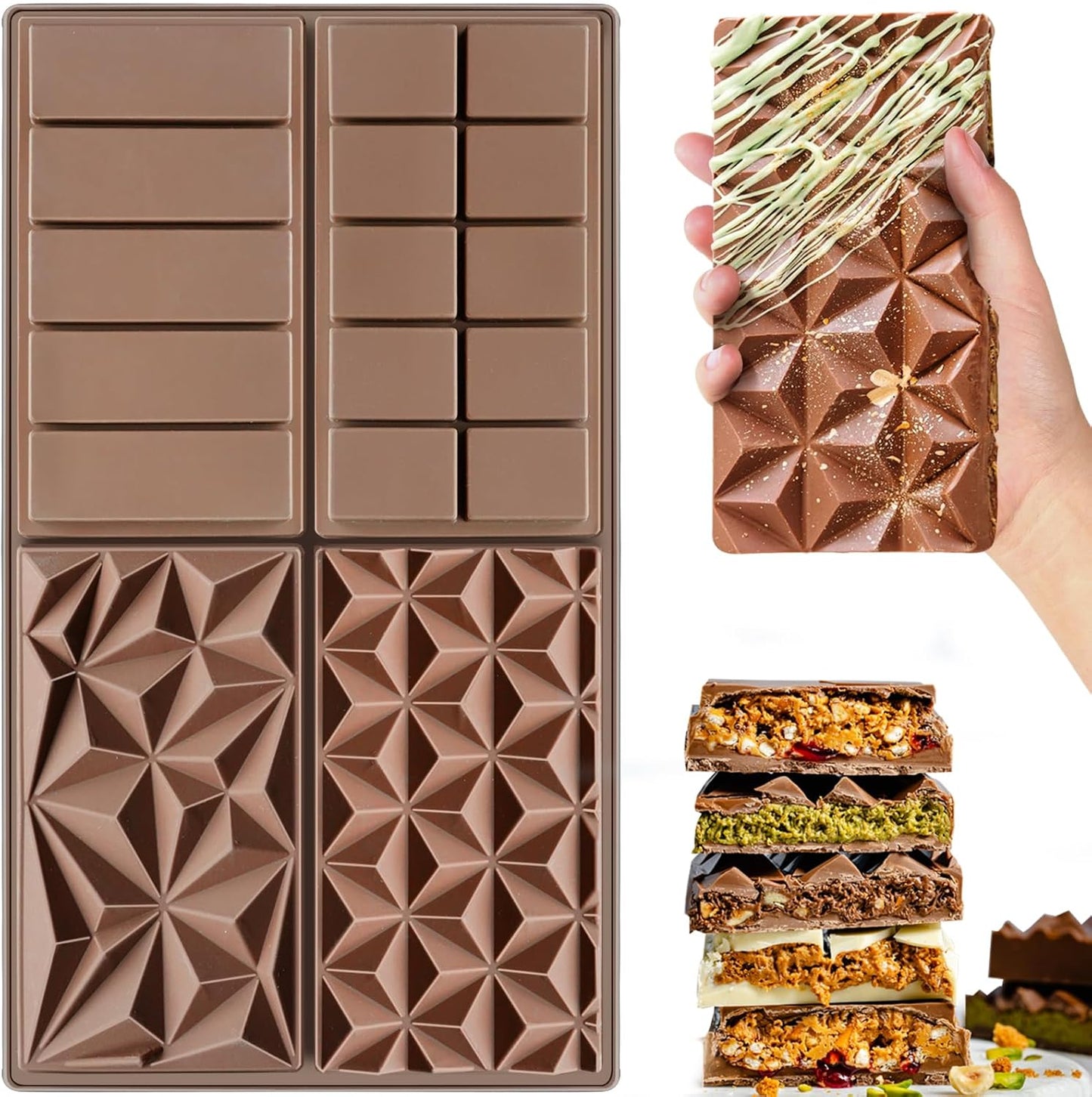 HKNMTT Chocolate Bar Silicone Molds, Large Stuffed Dubai Pistachio Deep Bar Moulds Kit 1 Inch Thick Big Pack of 2, Ideal for Homemade Making Bar Candy Bar Bpa Free DIY