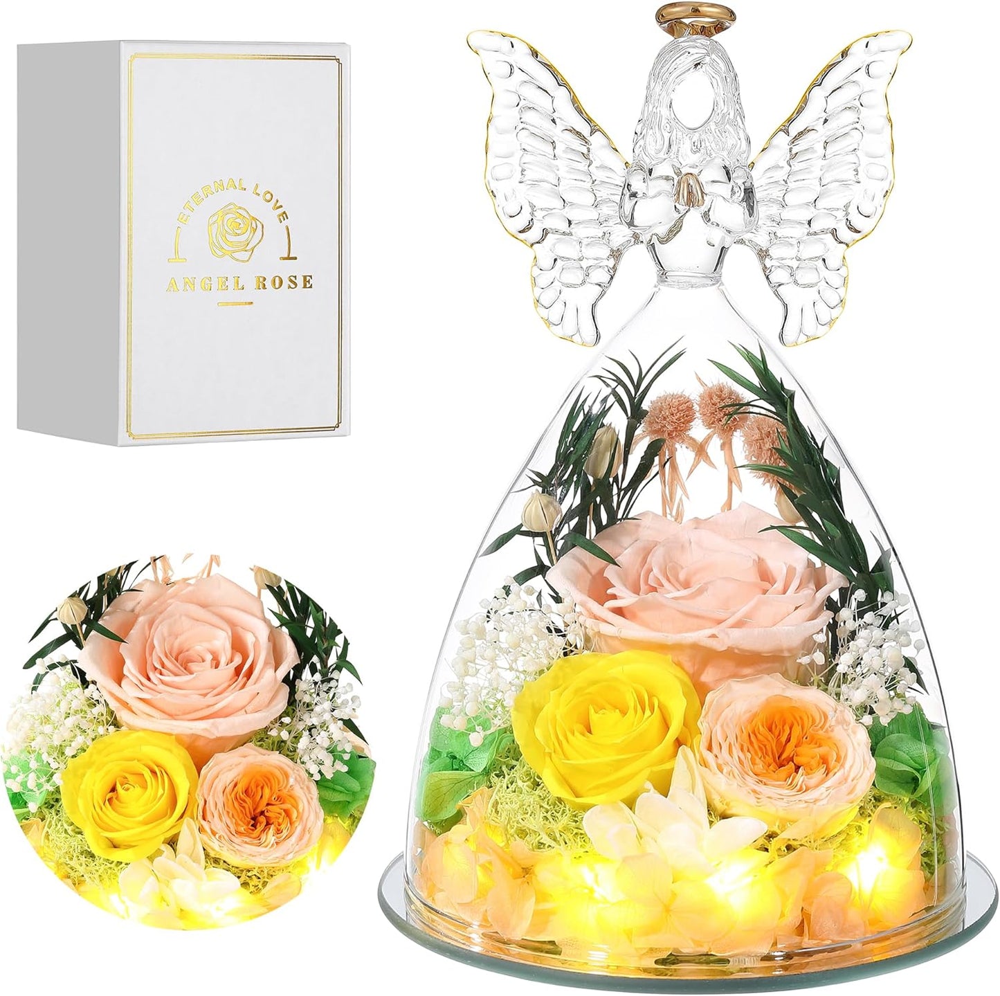 Christmas Rose Gifts for Women Preserved Real Flower in Glass Angel Figurines Roses for Delivery Prime Birthday Gifts for Mom Grandma Girlfriend Wife Her, Champagne Austin Roses