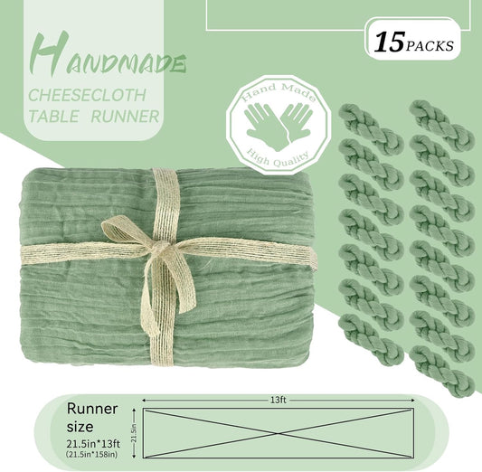 15 Packs Sage Green Cheesecloth Table Runner, 13 Ft Sage Rustic Gauze Boho Wedding Table Runner Decoration, Wedding Table Decor Table Cloth for Wedding Party Bridal Shower Table,21.5x157in