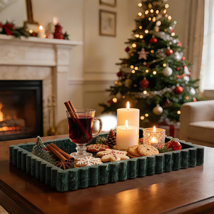 Natural Marble Tray for Bathroom, Real Stone Decorative Vanity Tray with Fluted Edge, Large Marble Serving Storage Tray for Kitchen Counter, Dresser, Home Decor, 11.8" x 8", Dark Indian Green