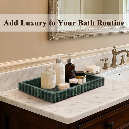 Natural Marble Tray for Bathroom, Real Stone Decorative Vanity Tray with Fluted Edge, Large Marble Serving Storage Tray for Kitchen Counter, Dresser, Home Decor, 11.8" x 8", Dark Indian Green