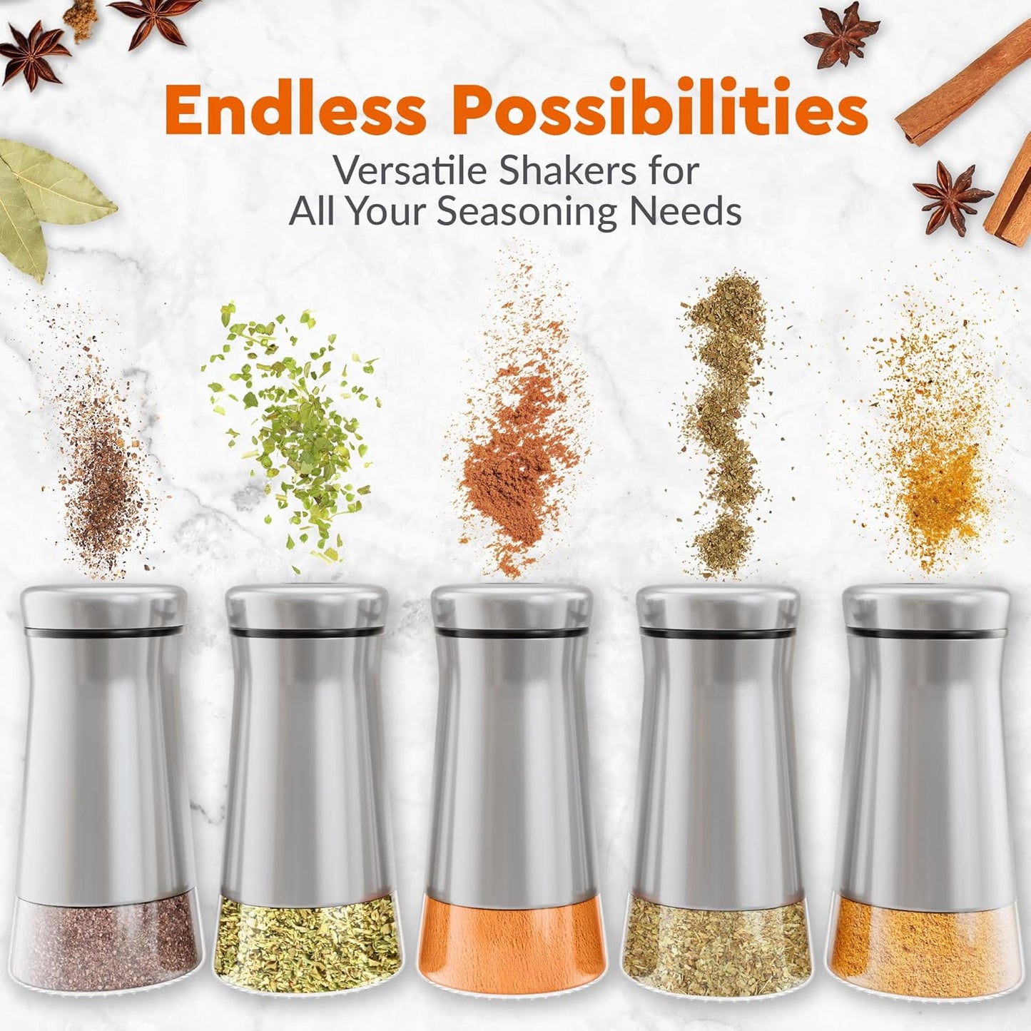 HOME EC Original Glass Salt shaker or Pepper Shaker with Adjustable Pour Holes - Stainless Steel Encased - For salts, ground peppercorns and spices - Great For Farmhouse or RV Camping