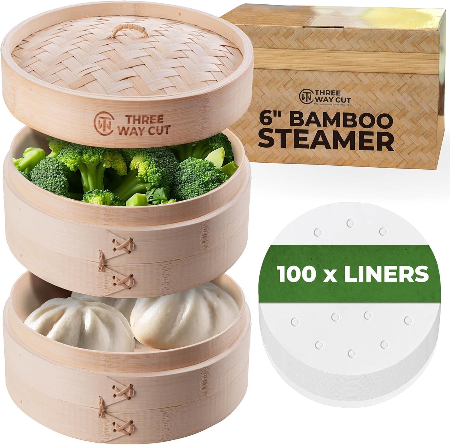 2-Tier 6" Bamboo Steamer With 100 Parchment Liners- 2 Bamboo Steamer Basket + Lid & 100 Steaming Liner Supplies, Mini Dumpling Steamers Basket For Cooking Bao Bun, Dim Sum Chinese Asian Food&Vegetables