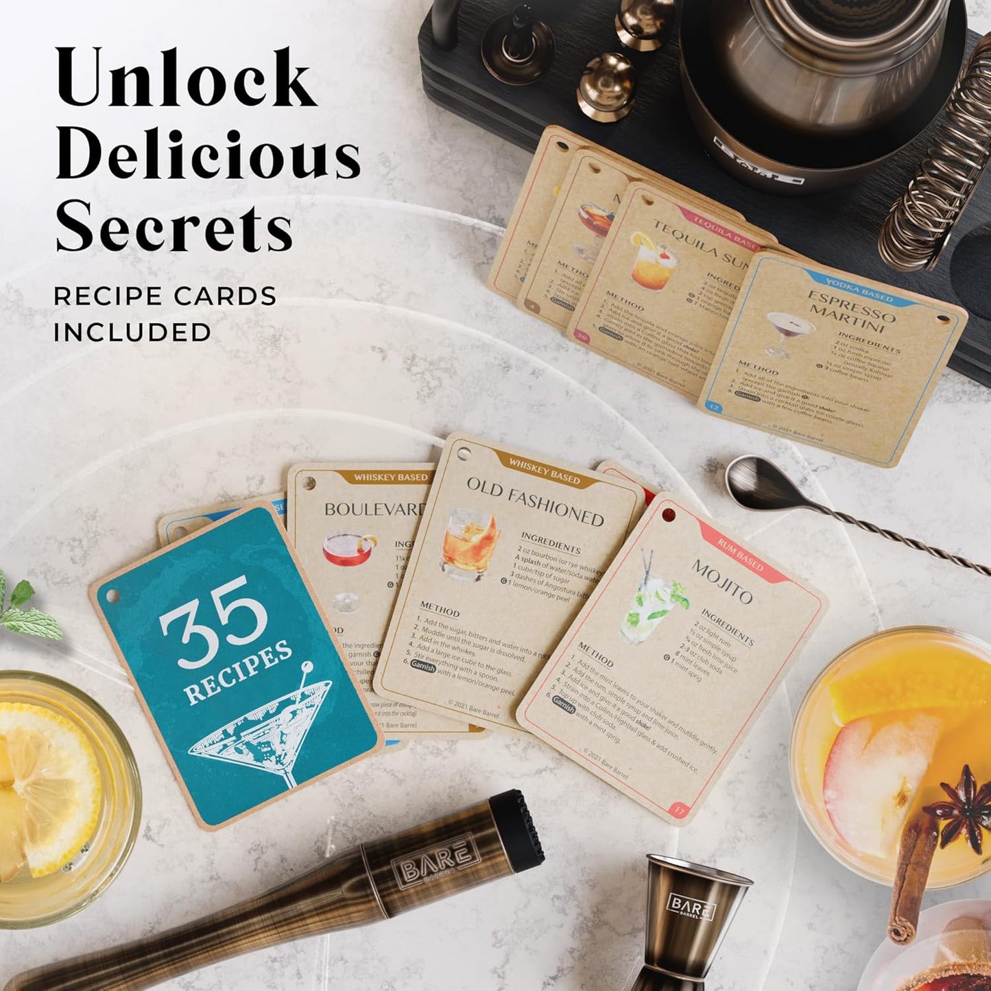 BARE BARREL® Mixology Bartender Kit Bar Set | 14-Piece Cocktail Shaker Set | Martini Barware Mixing Tools for Home Bartending | 35 Recipe Cards | Gift Set (28oz Boston Shaker, Brass/Black)