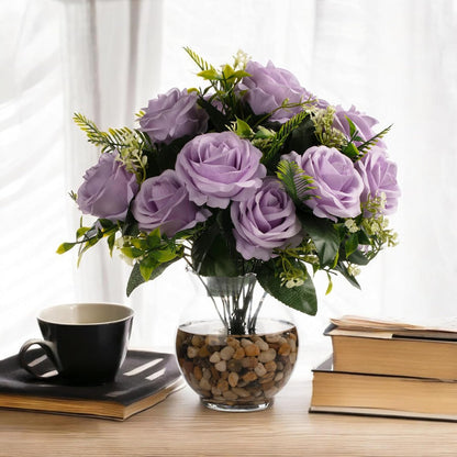 ENOVA FLORAL 18 Heads Silk Rose Artificial Flowers in Vase,Faux Rose Flowers Arrangement in Round Bowl Vase with Faux Water and River Rock for Table Decor Centerpieces (Lavender Purple)
