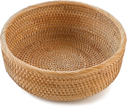 HITOMEN Handmade Rattan Bread Baskets Round Wicker Fruit Serving Storage Bowls, Natural Woven Decorative Kitchen Counter Organizing (Honey Brown) L-10.3"