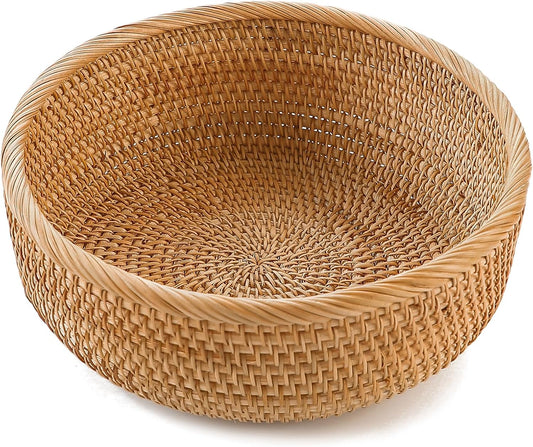 HITOMEN Handmade Rattan Bread Baskets Round Wicker Fruit Serving Storage Bowls, Natural Woven Decorative Kitchen Counter Organizing (Honey Brown) M-9.1"