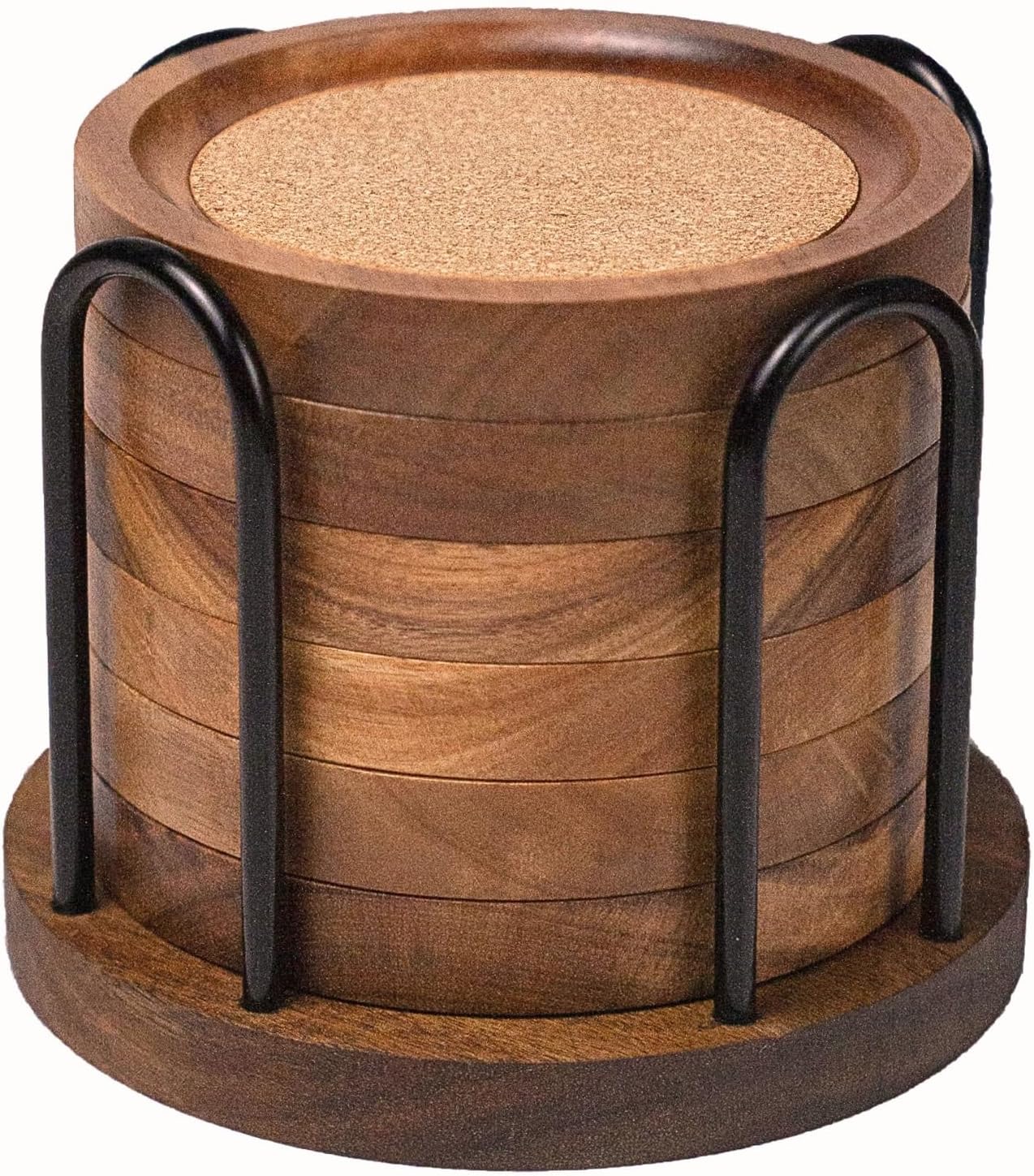 Wooden Coasters for Drinks with Metal Holder, Wooden Coaster with Cork for Tabletop Protection, Drink Coasters for Coffee Table, Desk, 4.33 Inch, Set of 6