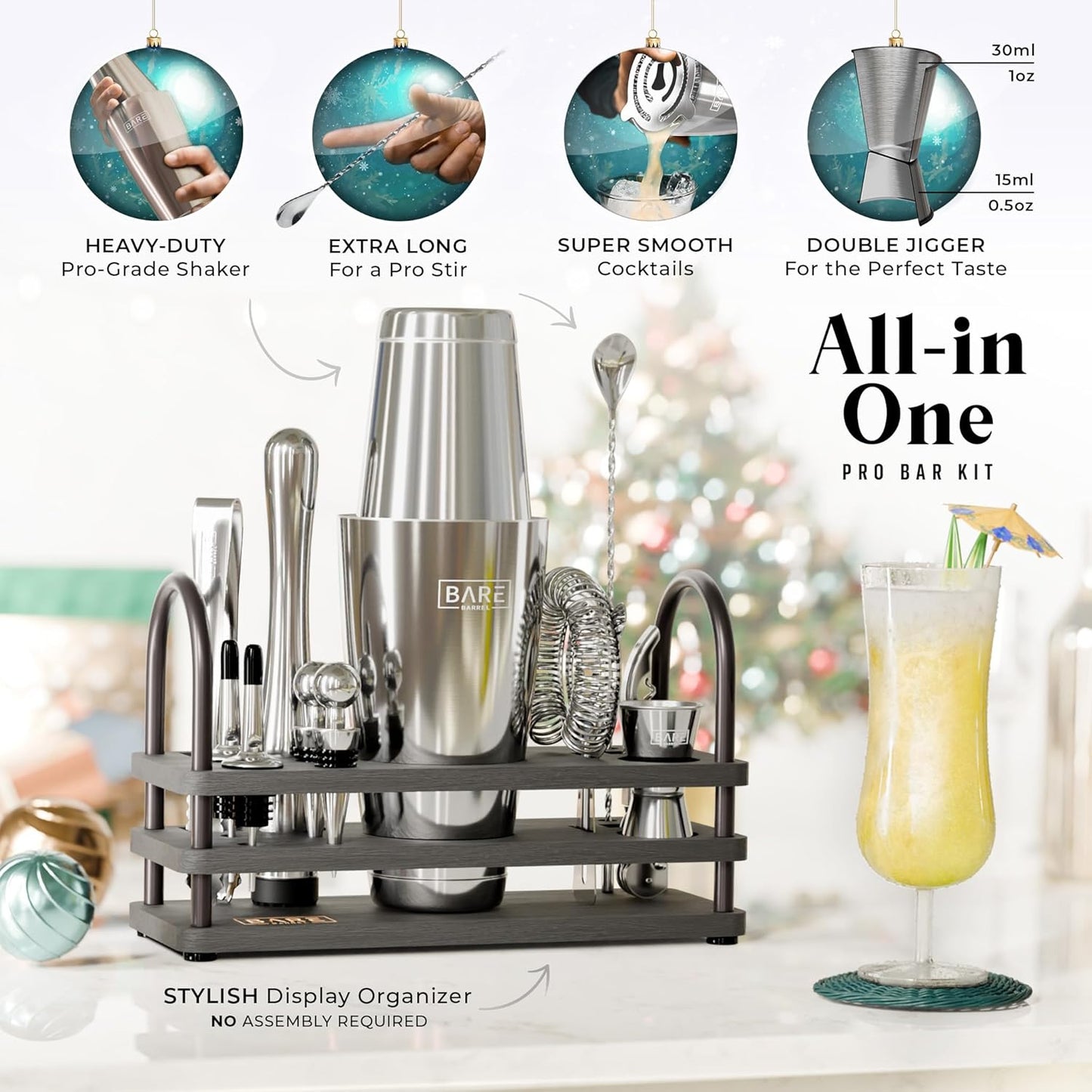 BARE BARREL® Mixology Bartender Kit Bar Set | 14-Piece Cocktail Shaker Set | Martini Barware Mixing Tools for Home Bartending | 35 Recipe Cards | Gift Set (28oz Boston Shaker, Silver/Black)