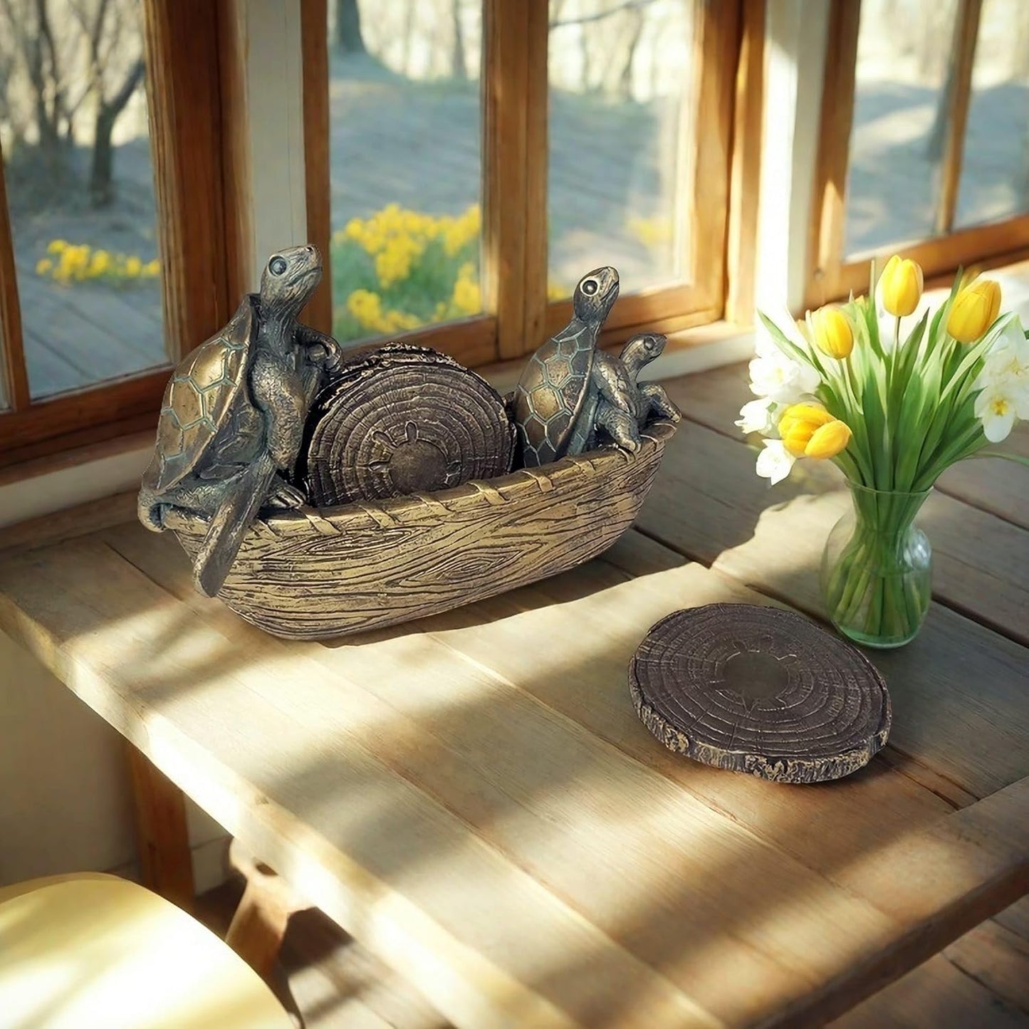 Turtle Coasters Set of 5 Rustic Coasters in Handmade Canoe Turtle Log Cabin Decor for The Home Drink Round Table Coffee Mug Wine Beer Bar Decorative Bronze