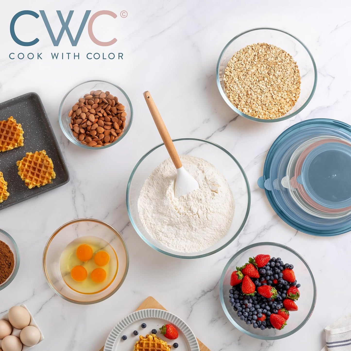 COOK WITH COLOR 12 Pc Glass Mixing Bowl Set with Lids – Borosilicate Glass Nesting Bowls for Cooking, Baking and Meal Prep, Blue/Pink