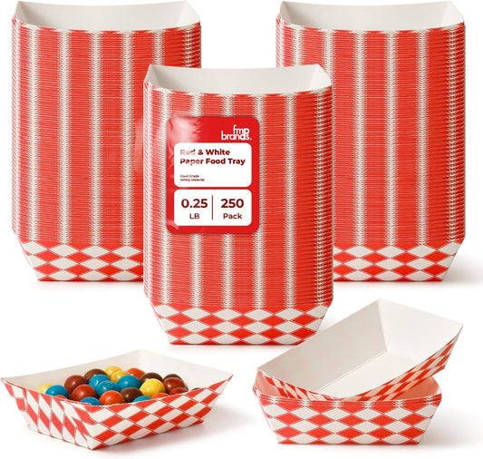 Fit Meal Prep [250 Pack 0.25 lb Paper Food Boats Heavy Duty Disposable Food Trays, Red Check Nacho Tray for Parties Fairs Picnics Carnivals, Holds Ketchup Cheese Sauce Pickles