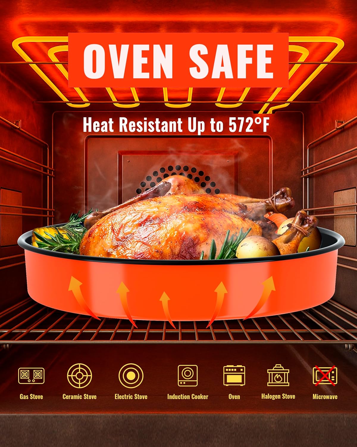 Round Roasting Pan Set Bakeware 4 Pack Baking Cake Pans Enamel Casserole Dish 9/10/12/14 Inches Chicken Roaster Oven Dishwasher Safe Christmas New Year Holiday Gift (Orange)