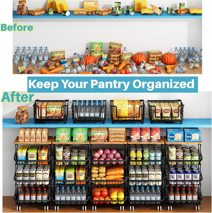 4 Tier Pantry Organizers and Storage Cart with Rolling Wheels, Stackable Metal Pantry Baskets for Pantry Shelves, Kitchen Fruit Basket Stand and Storage Rack for Snack Bottled Water Vegetable Bathroom