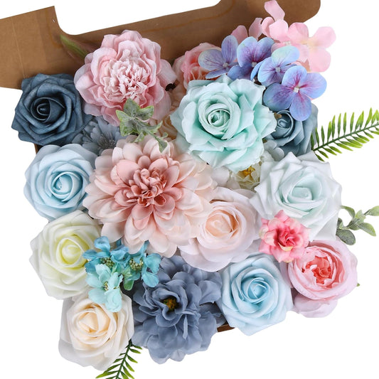 Pink Blue Flowers Combo Box, Light Blue Rose Silk Fake Flowers for DIY Floral Arrangements Wedding Bouquets Centerpiece Baby Shower Party Decoration (Blue Pink)