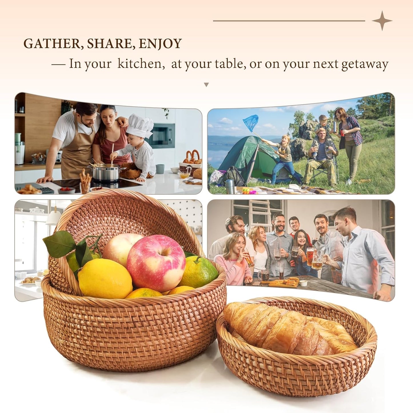 Rattan Bread Basket for Fruit, Natural Wicker Fruit Basket for Kitchen Counter, Hand Woven Food Baskets, Bread Baskets for Serving, Large Wicker Basket for Vegetable, Snack, Candies,Etc. (Round-Large)