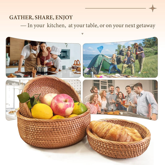 Rattan Bread Baskets for Serving, Hand Woven Food Baskets, Natural Wicker Fruit Basket for Kitchen Counter, Decorative Bread Baskets for Gifts, Snacks, Candies, Nuts, Keys, Wallets, etc.(Round-Combo)