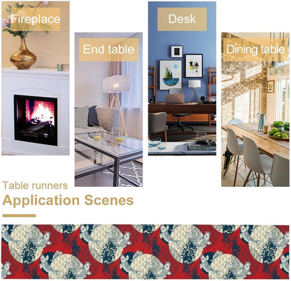 Japanese Kio Fish Table Runner, Line Art Colorful Janan Style Oriental Table Runner for Kitchen Study Living Room Home Bedroom, Red and Blue, 13x108 Inch