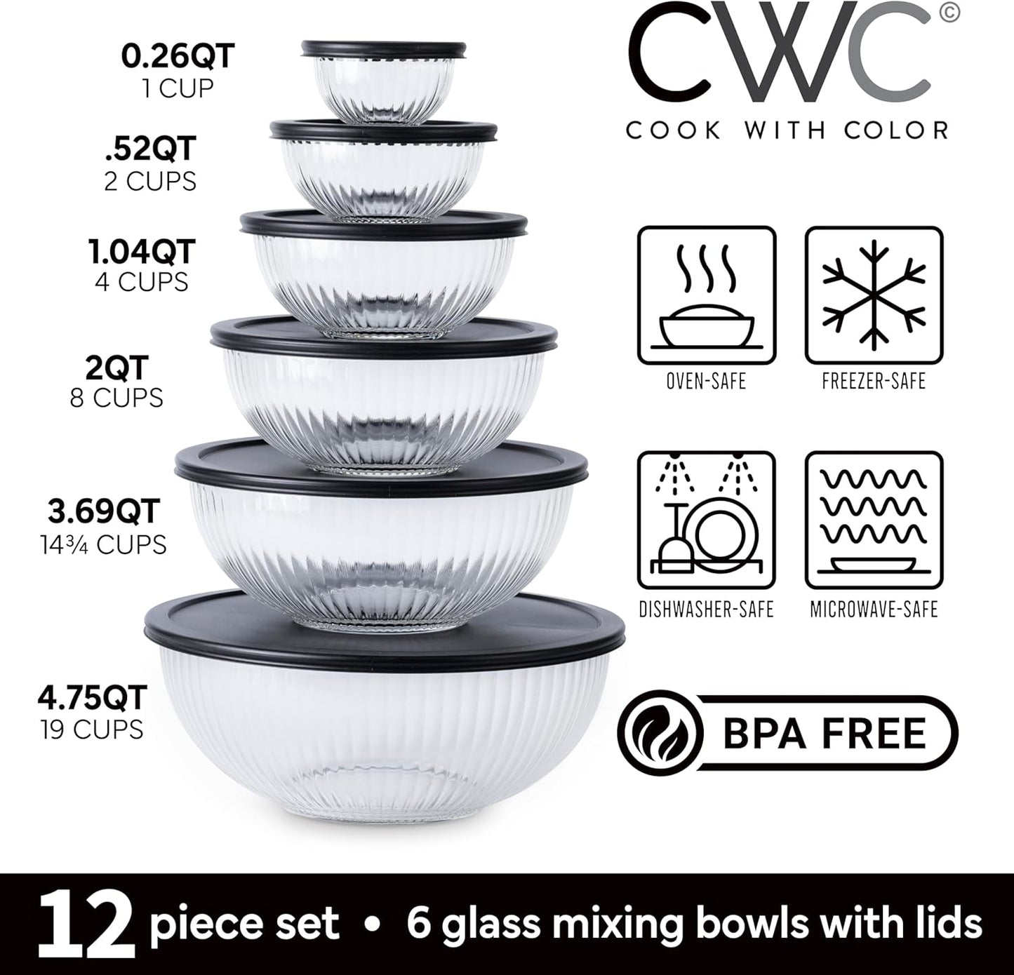 COOK WITH COLOR 12 Pc Glass Mixing Bowl Set with Lids – Borosilicate Glass Nesting Bowls for Cooking, Baking and Meal Prep, Fluted Black
