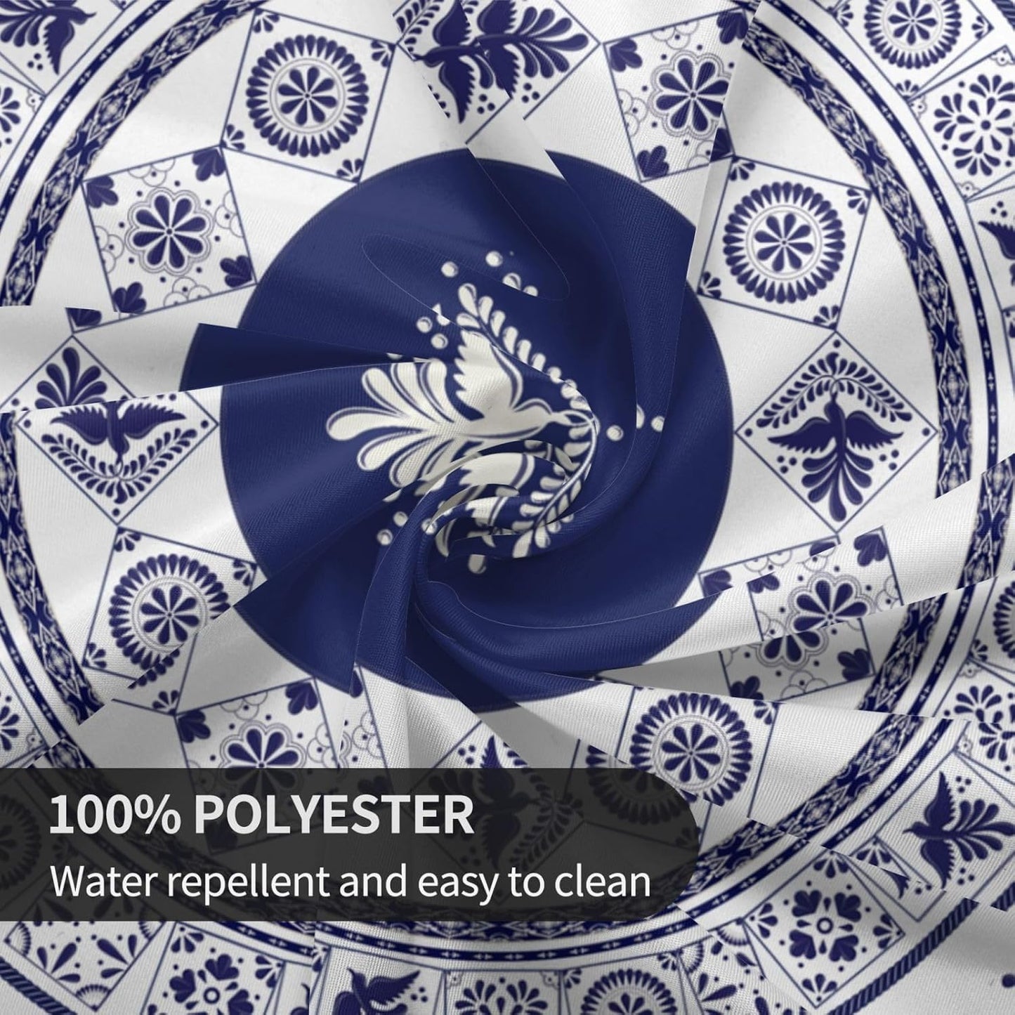 Mexican Round Tablecloth, Floral Bird Talavera Ceramic Tile Dia De Los Muertos Azulejo Mosaic Water Resisitant Table Cover for Dining Kitchen Living Room Home Party Holiday Decor 60 inch Round