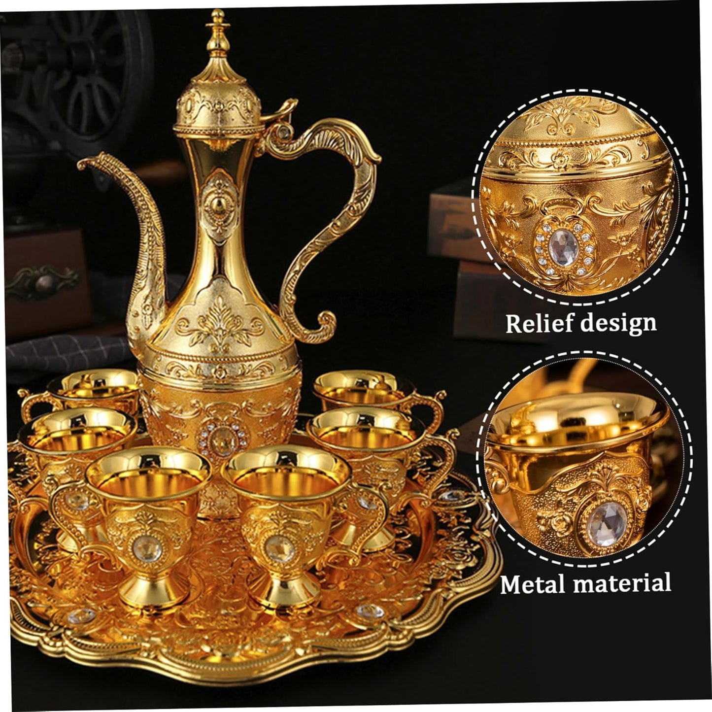 Turkish Tea Set Vintage Exquisite Golden Turkish Coffee Cup Set with Tray and 6 Cups for Home Party Decorations Kitchen Accessories