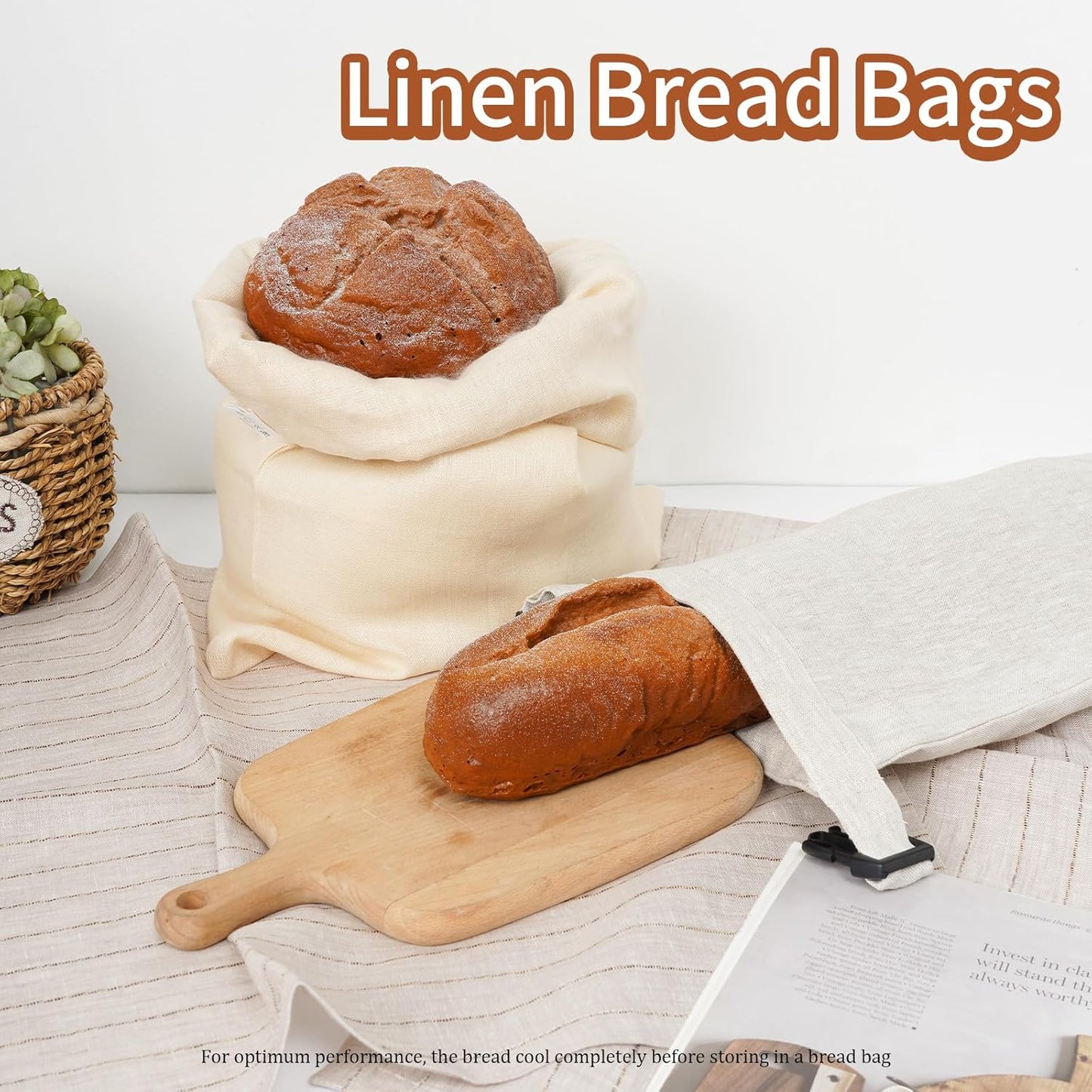 2 Pack 100% Linen Bread Bags for Homemade Bread Sourdough 13 x 19.6 Inch Reusable Bread Storage Bag 7.8 x 28.7 Inch for large Baguette (Gray)