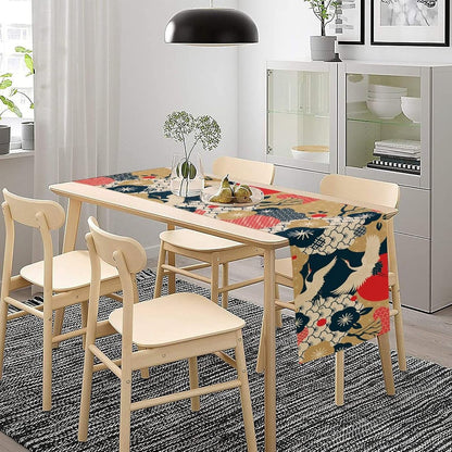 Crane Dinning Table Runner, Line Art Modern Janan Style Oriental Table Runner for Holiday Party Kitchen Study Living Room Home Bedroom Colorful 13x90 Inch