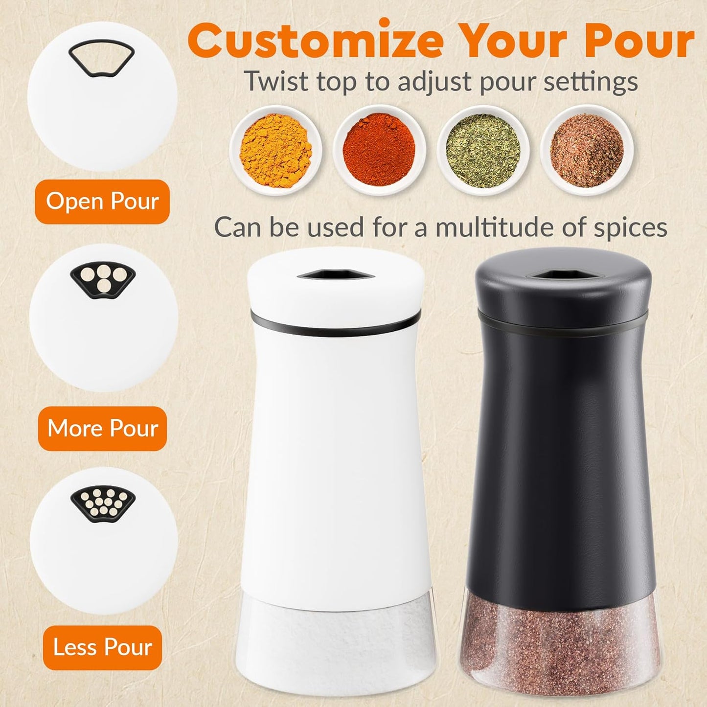 HOME EC Original Salt and Pepper Shakers Set with Adjustable Pour Holes - Black and White Salt Shaker and Pepper Shaker - Farmhouse Spice dispenser for salts, Ground peppercorn and spices