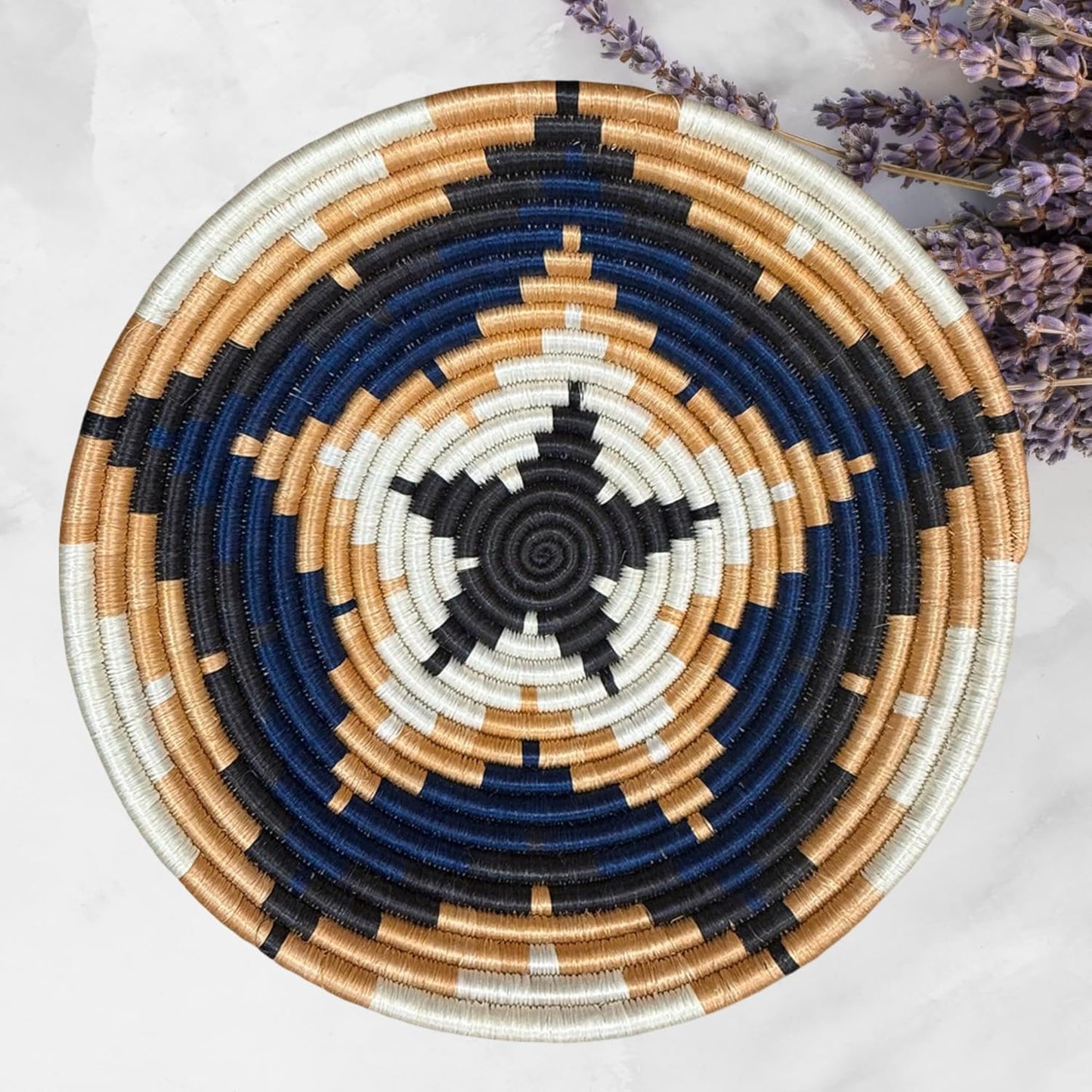 Handwoven African Basket Handmade sisal Fruit Bowl Wall Hanging decorative Baskets for Home Living Room Kitchen Centerpiece Zen Designs Arts and Crafts (Blue Tan Natural, 10in diameter)