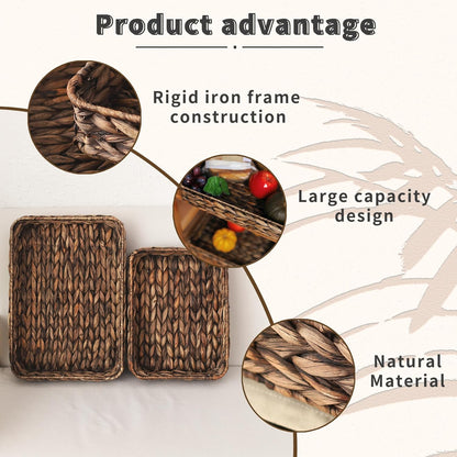 Water Hyacinth Woven Serving Tray Rectangular Hand-Woven Wicker Storage Trays for Coffee/Breakfast/Dessert/Fruit/Bread (Brown-Small)