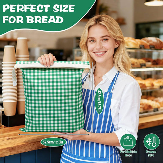 Augshy 2 PCS Beeswax Bread Bags, Beeswax Bag with Zipper Green Plaid Stripes Reusable Cotton Material Large Capacity Food Storage Bags for Sourdough Homemade Bread Boxes