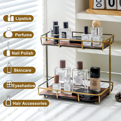 Bathroom Organizer Countertop Perfume Organizer Makeup Organizer Cosmetics Storage Display Rack Vanity Tray Dresser Stainless Steel Gold Shelf Wooden Tray