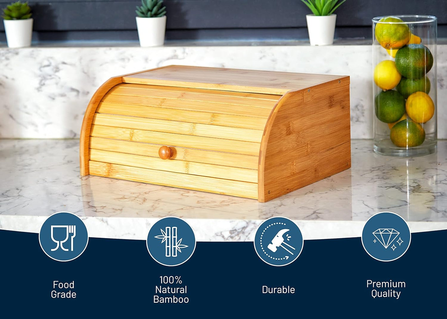 ROYALHOUSE Natural Bamboo Roll Top Bread Box Kitchen Food Storage - Assembly Required