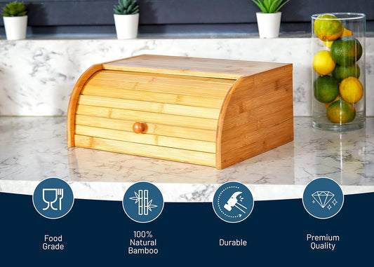 ROYALHOUSE Natural Bamboo Roll Top Bread Box Kitchen Food Storage - Assembly Required