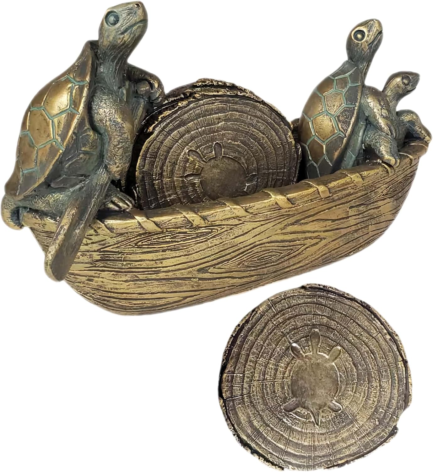 Turtle Coasters Set of 5 Rustic Coasters in Handmade Canoe Turtle Log Cabin Decor for The Home Drink Round Table Coffee Mug Wine Beer Bar Decorative Bronze