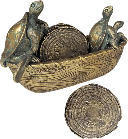 Turtle Coasters Set of 5 Rustic Coasters in Handmade Canoe Turtle Log Cabin Decor for The Home Drink Round Table Coffee Mug Wine Beer Bar Decorative Bronze
