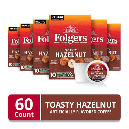 Folgers Toasty Hazelnut Artificially Flavored Coffee, Keurig K-Cup pods, 10 Count Box (Pack of 6)