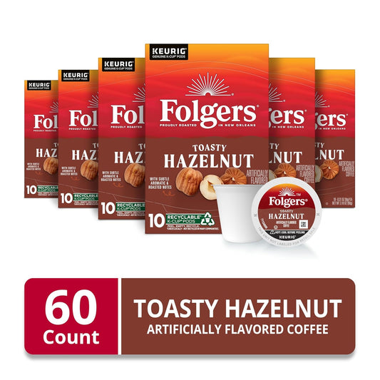 Folgers Toasty Hazelnut Artificially Flavored Coffee, Keurig K-Cup pods, 10 Count Box (Pack of 6)