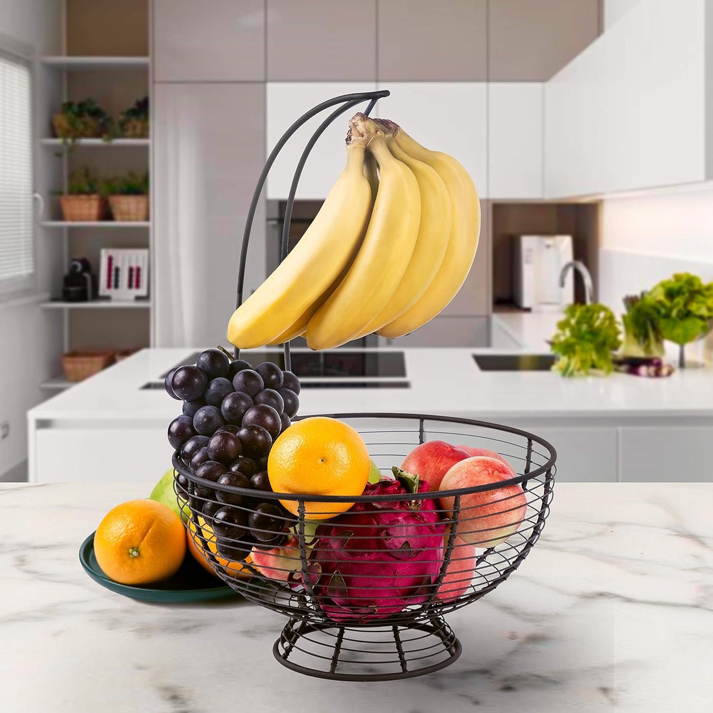 [ Extra Large ] TIEYIPIN Fruit Basket Bowl with Banana Hanger, Detachable Wire Banana Holder Hook Kitchen Storage Baskets Stand - Brown