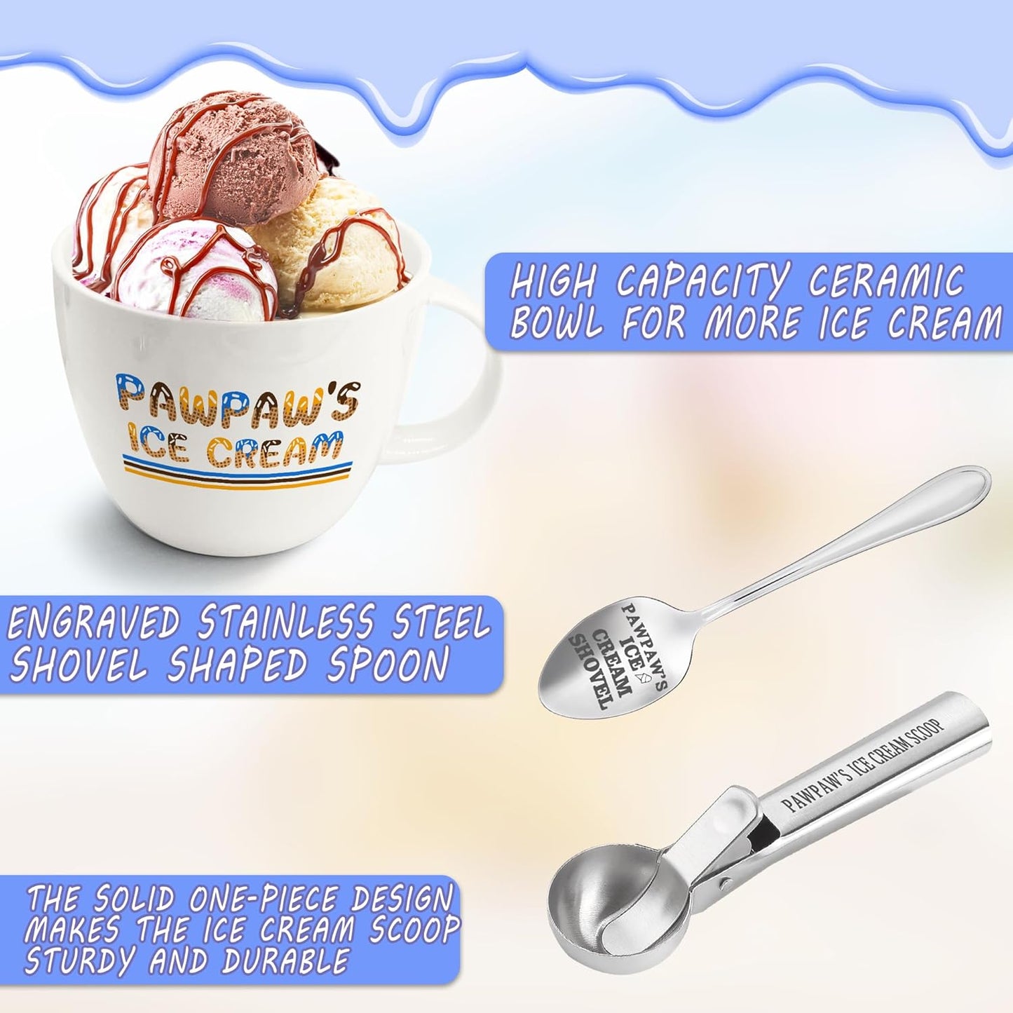 Pawpaw Gifts, Gifts for Him Paw Paw's Christmas, Paw Paw's Ice Cream Bowl Scoop Shovel Spoon Set, Paw-Paw’s Ice Cream Gift, Ideal Xmas Birthday Father's Day Man Gifts